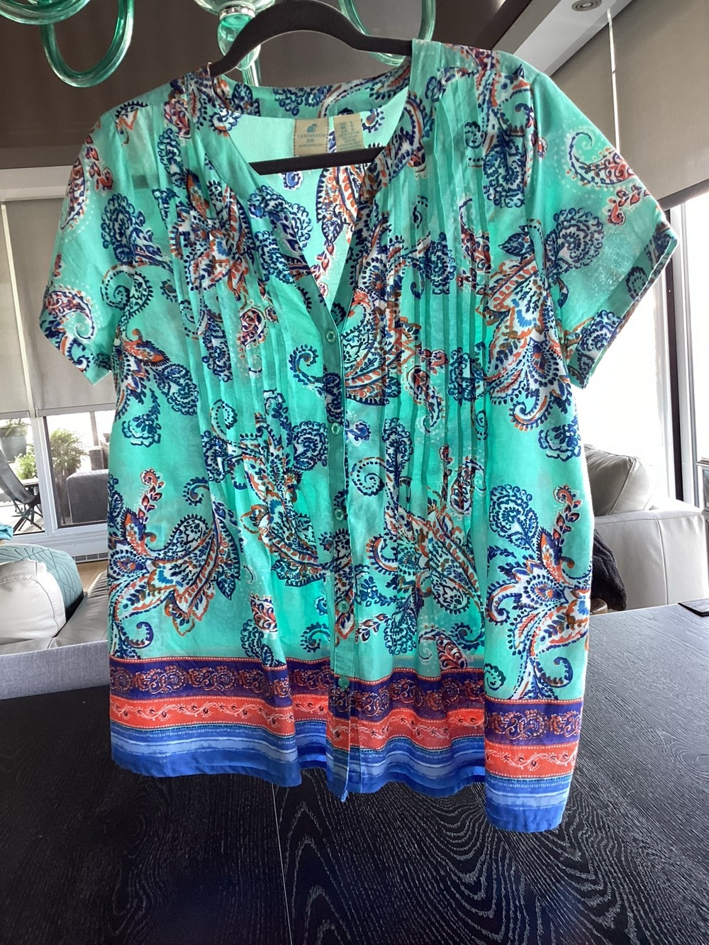 Caribbean Joe Turquoise Paisley Short-Sleeve Button Blouse.100% cotton